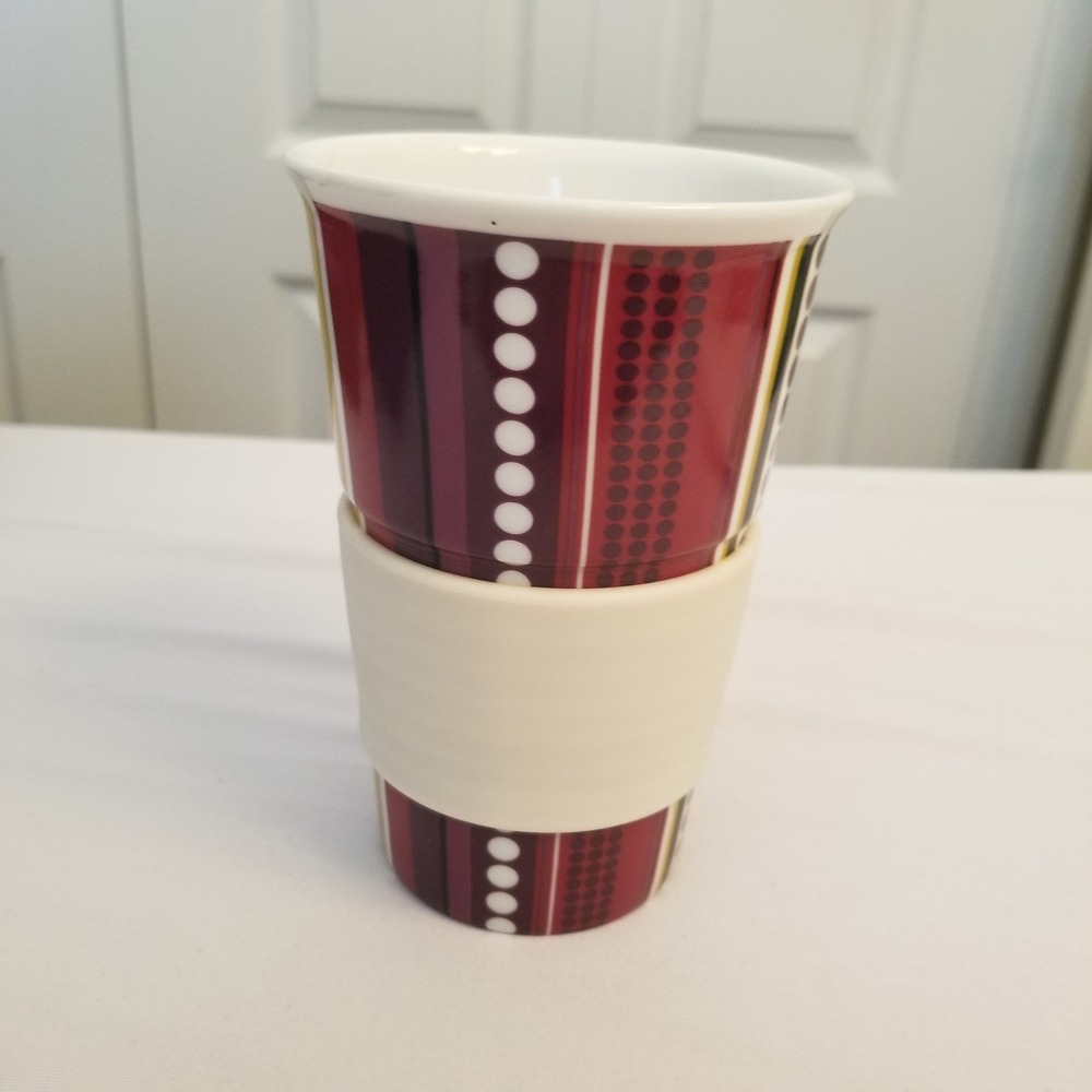 World Market Coffee Mug Burgundy Plum Geometric Dots Silicone attached Sleeve